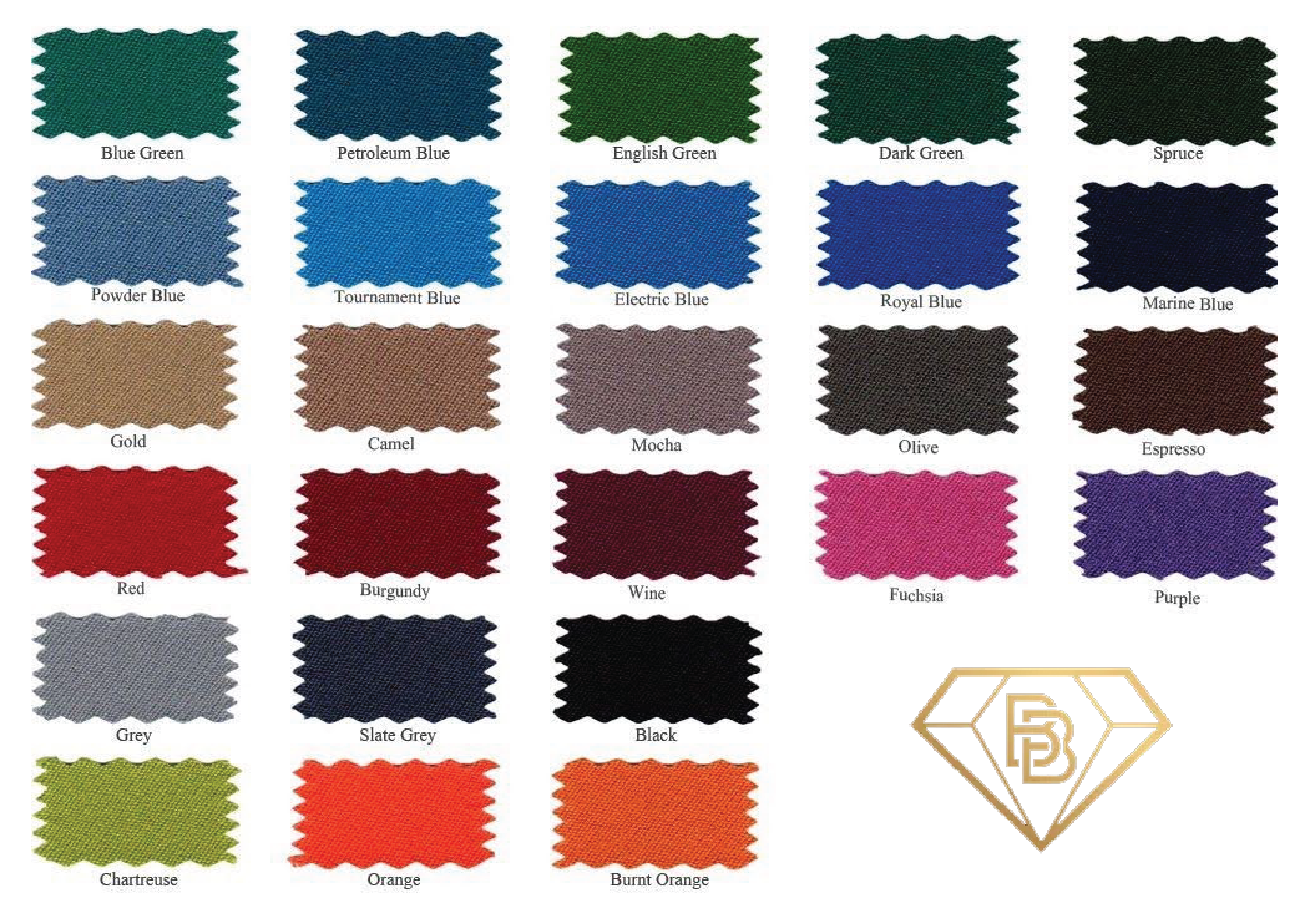 Brilliant Billiards cloth chart with 26 labeled colors