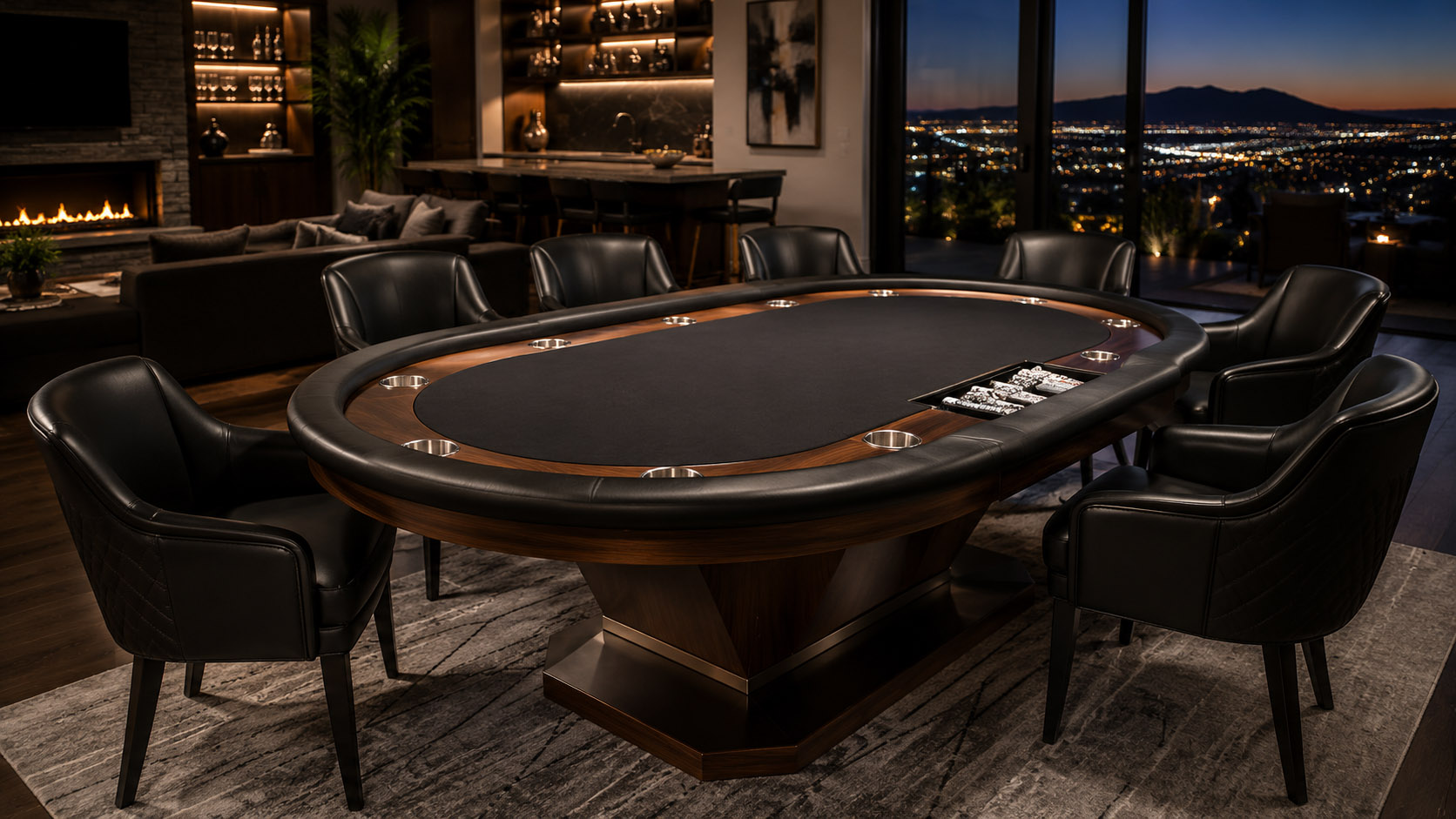 CARD TABLES | Luxury Custom Pool Tables | Brilliant Billiards Best card table for luxury game room featuring a handcrafted poker table with premium wood finishes, upholstered rails, and luxury seating.