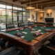 Convertible pool table with fully customizable neoprene poker overlay, numbered player sections, cards and chips
