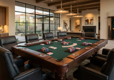 Custom poker pool table combination with orange neoprene playing surface, padded rails, poker chips and luxury chairs