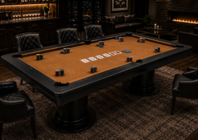 Custom poker pool table combination with orange playing surface, padded rails, poker chips, cards and luxury chairs