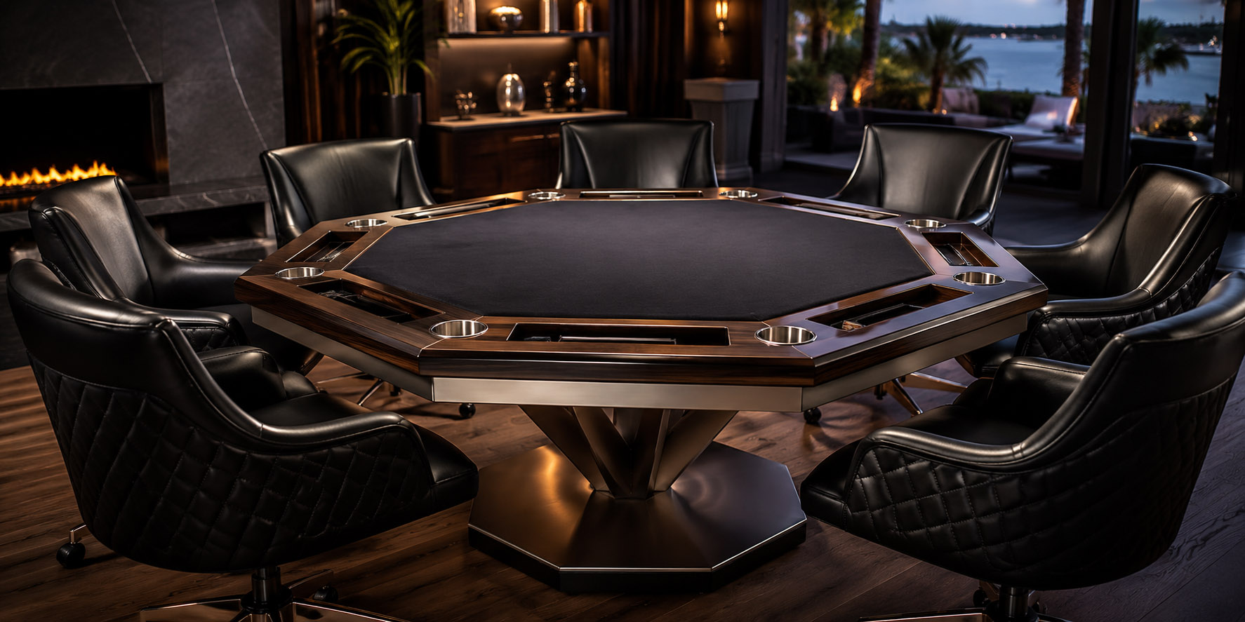 luxury-custom-card-table-game-room Luxury custom card table in a high-end game room featuring a handcrafted poker table with premium wood finishes, upholstered rails, and luxury seating.