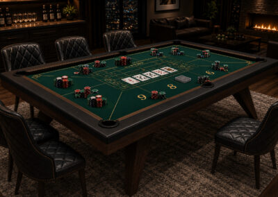 Luxury pool table and poker table combo with green removable playing surface, poker chips, cards and premium seating