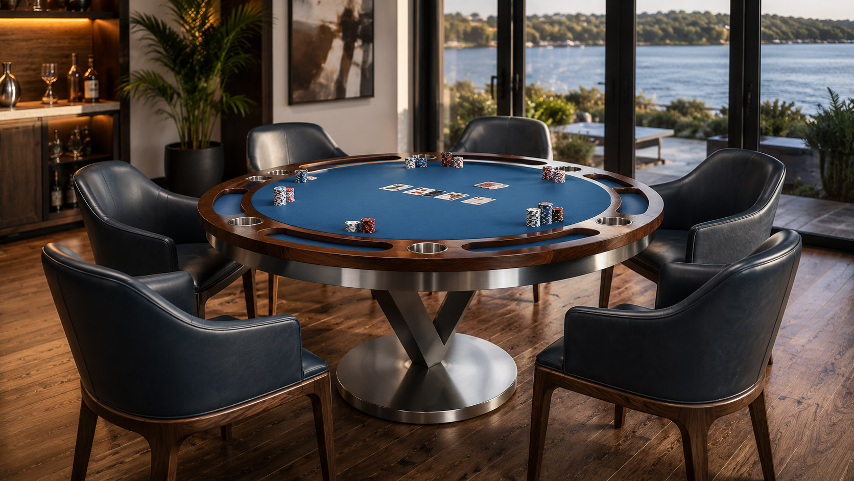 CARD TABLES | Luxury Custom Pool Tables | Brilliant Billiards Round luxury poker table with blue playing surface, custom wood and metal base, and premium seating in a waterfront home