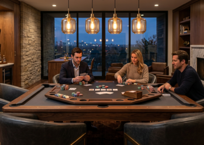 Convertible pool table with fully customizable neoprene poker overlay, numbered player sections, cards and chips