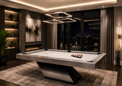 Luxury Optimus custom pool table with white felt in a modern game room - Brilliant Billiards