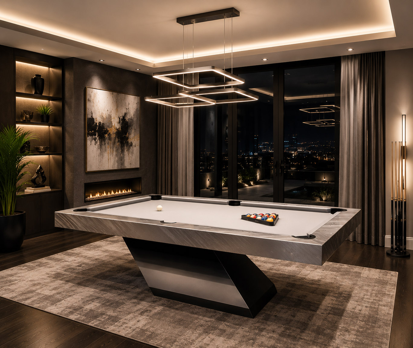 Luxury Optimus custom pool table with white felt in a modern game room - Brilliant Billiards