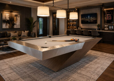 Optimus custom Luxury pool table with white felt in a modern game room - Brilliant Billiards