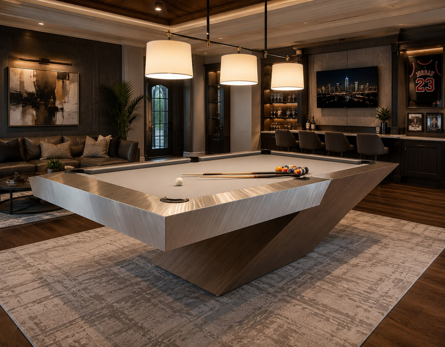Optimus custom Luxury pool table with white felt in a modern game room - Brilliant Billiards