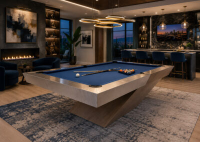 Optimus custom Luxury pool table with blue felt in a modern game room - Brilliant Billiards