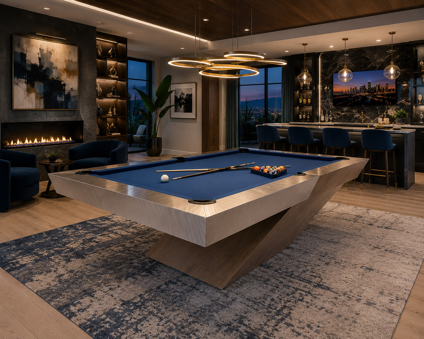 Optimus custom Luxury pool table with blue felt in a modern game room - Brilliant Billiards