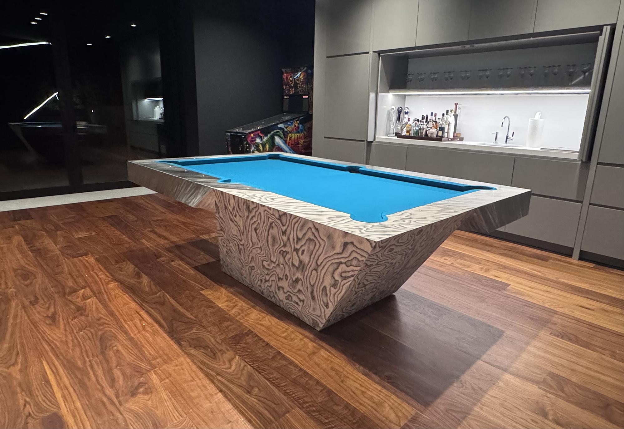 Real Optimus installation with blue cloth in a media room
