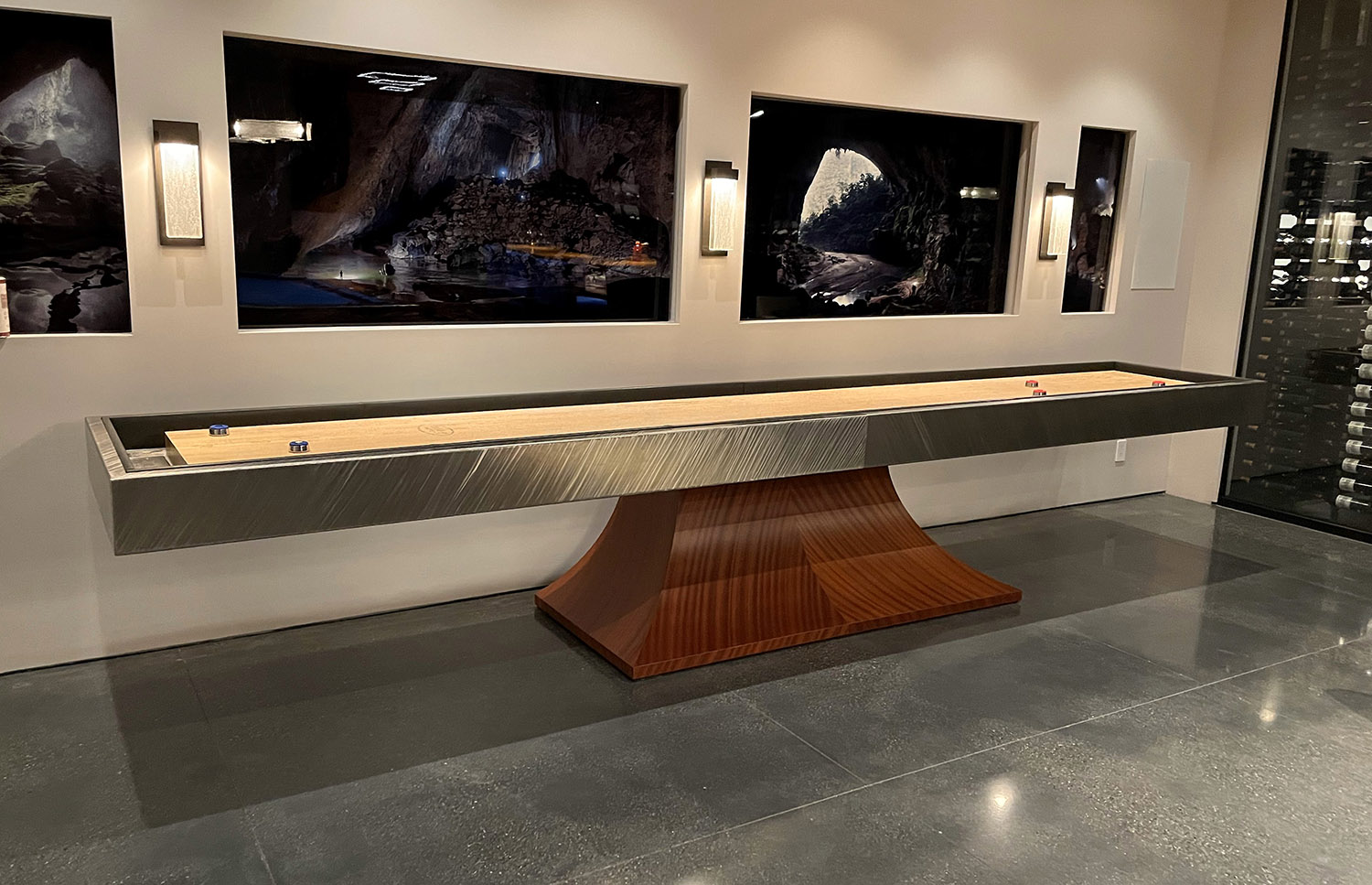 Custom shuffleboard with metal cabinet and a wood pedestal base
